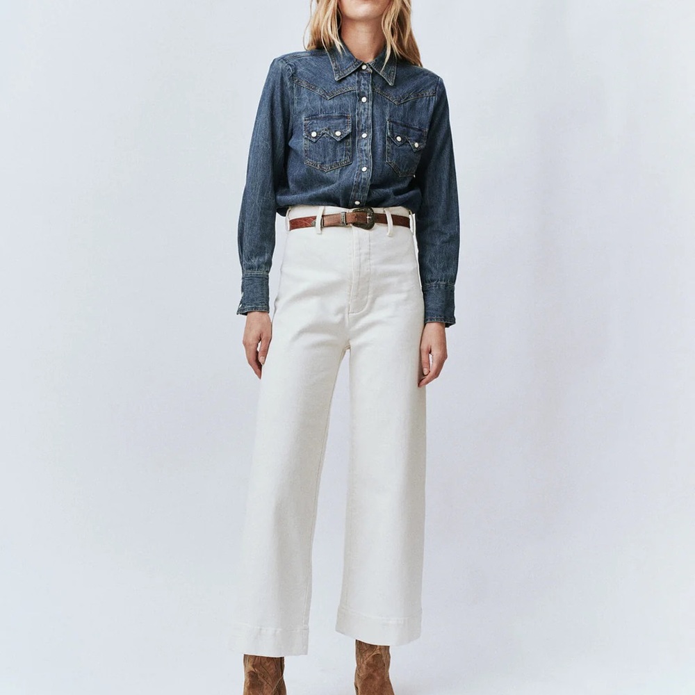 THE GREAT. Cream Wide-Leg Jeans